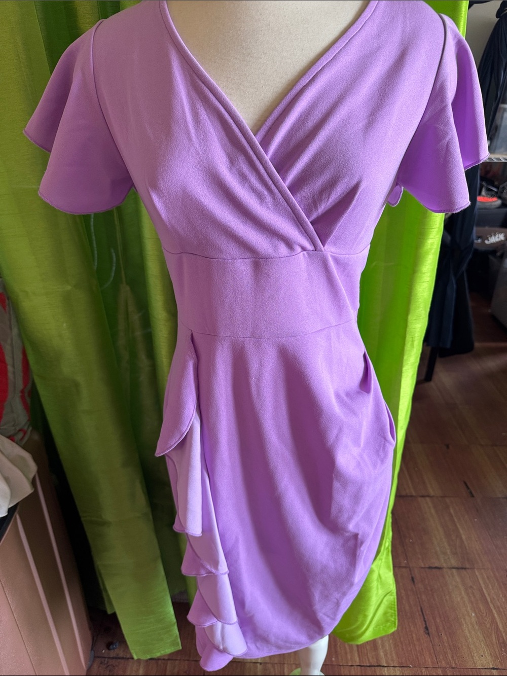 Lilac Wrap-Style Flutter Sleeve Dress - Women's